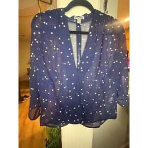 Chelsea 28 Sheer Navy Polka Dot Surplice Blouse Size M 6-10